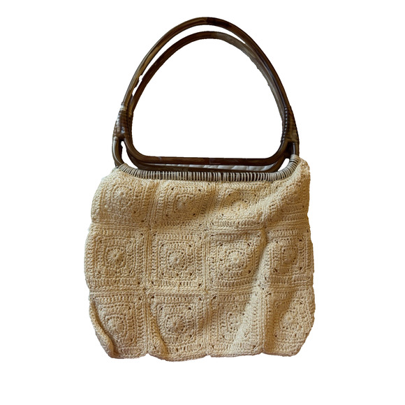 Unbranded Handbags - Vintage 70s Crochet handbag cream wood handles Boho knit macrame Cottagecore